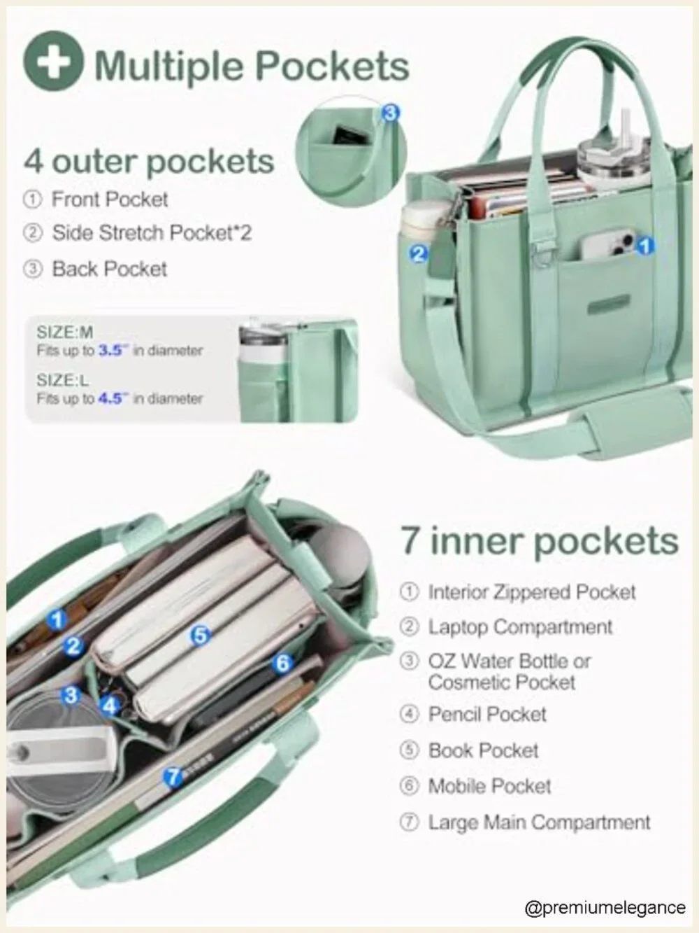 Canvas Tote Bag with Zipper and Compartments - Multi-Pocket Laptop Work